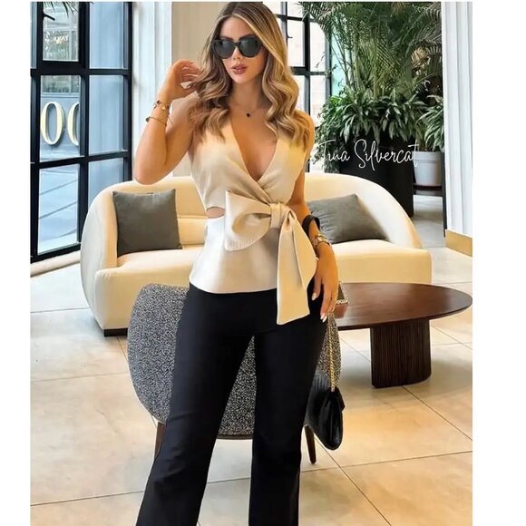 BLOGGER'S FAVE! Zara Top With Bow And Satin Finish Soft Gold NWT - Picture 9 of 16